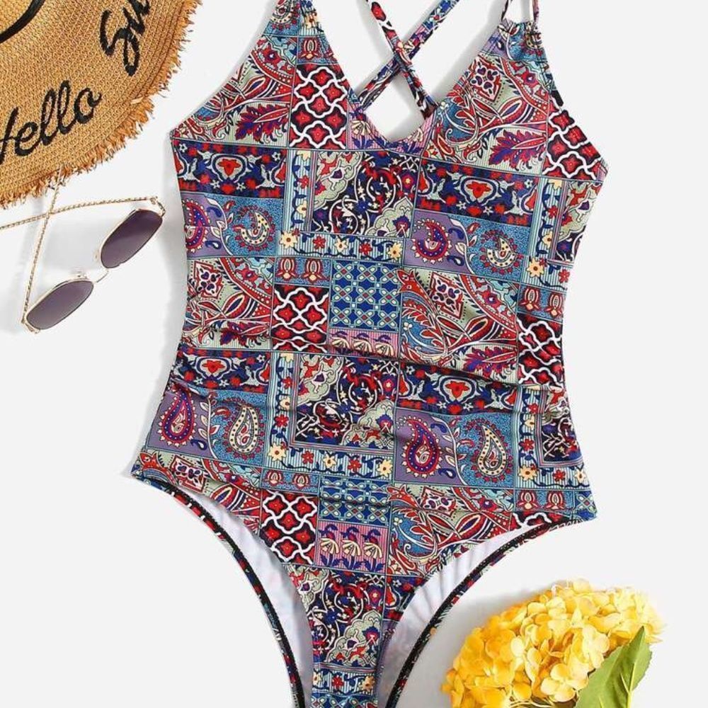 NEW! Bohemian Pattern One Piece Swimsuit Patchwork Paisley Moroccan Large